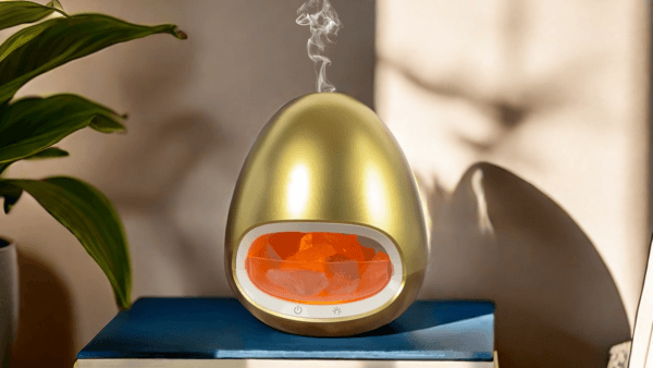 Gold Color Salt Stone Flame Aroma Diffuser Ultrasonic Air Cool Mist Humidifier with Warm Light and Breathing Warm Light Diffuser - Image 8