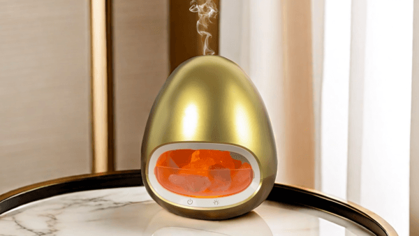 Gold Color Salt Stone Flame Aroma Diffuser Ultrasonic Air Cool Mist Humidifier with Warm Light and Breathing Warm Light Diffuser - Image 7