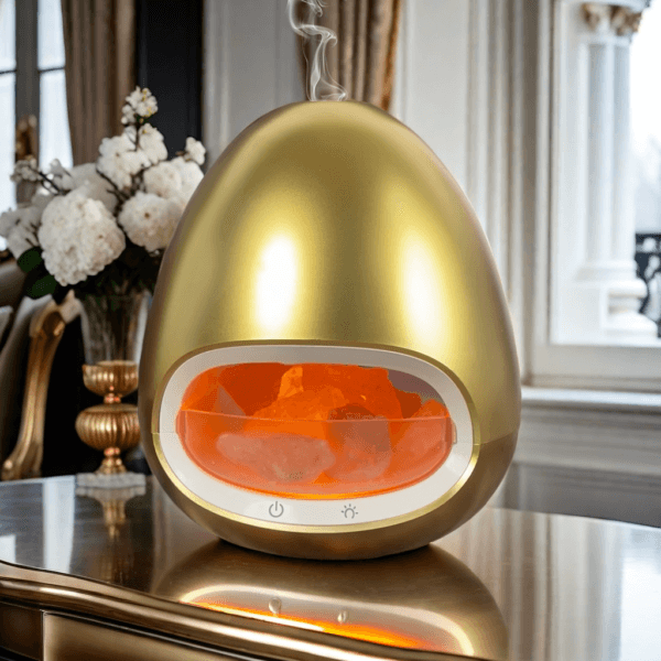 Gold Color Salt Stone Flame Aroma Diffuser Ultrasonic Air Cool Mist Humidifier with Warm Light and Breathing Warm Light Diffuser - Image 6