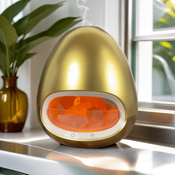 Gold Color Salt Stone Flame Aroma Diffuser Ultrasonic Air Cool Mist Humidifier with Warm Light and Breathing Warm Light Diffuser - Image 5