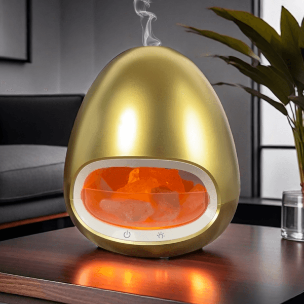 Gold Color Salt Stone Flame Aroma Diffuser Ultrasonic Air Cool Mist Humidifier with Warm Light and Breathing Warm Light Diffuser - Image 4