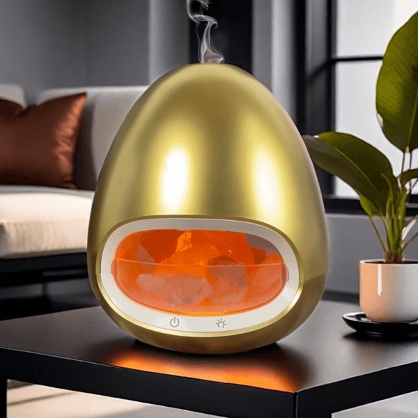 Gold Color Salt Stone Flame Aroma Diffuser Ultrasonic Air Cool Mist Humidifier with Warm Light and Breathing Warm Light Diffuser - Image 3
