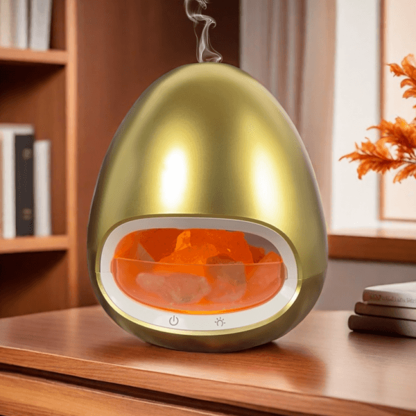 Gold Color Salt Stone Flame Aroma Diffuser Ultrasonic Air Cool Mist Humidifier with Warm Light and Breathing Warm Light Diffuser - Image 2